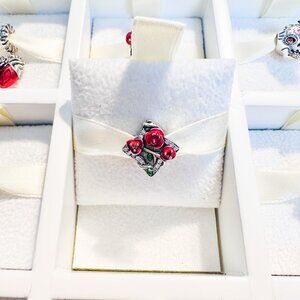 925 Sterling Silver Blooming Roses Diamond Charm Fits Pandora Charm Bracelets